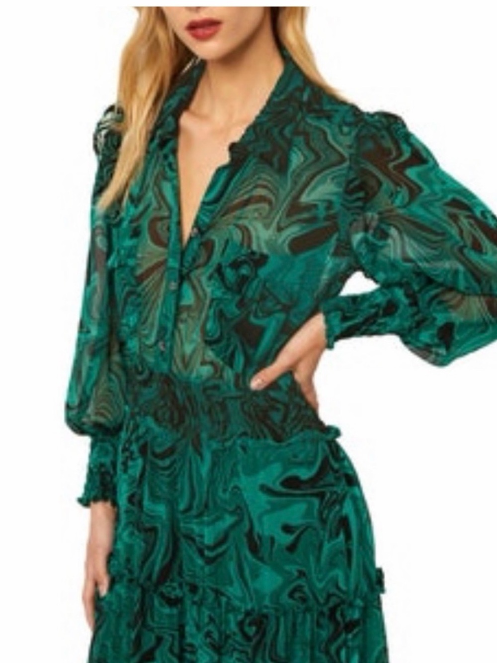 MISA LOS ANGELES Aydenis Teared Green Marble Print Long Sleeve Dress